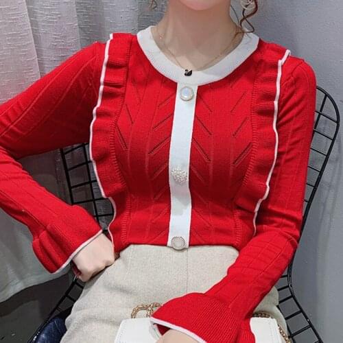 Winter Women Flare Sleeve Patchwork Knitted Jumper Ladies New Stylish O-Neck Slim Sweater Tops 2020 Female Basic Knitwear