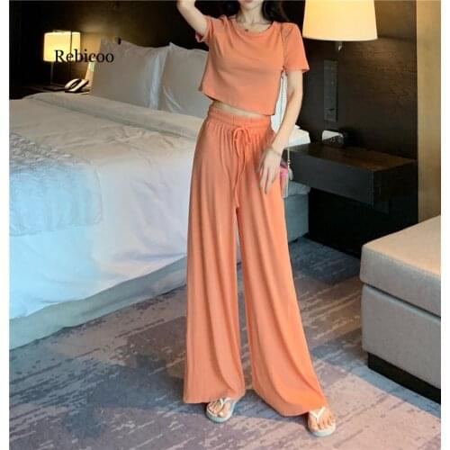 2 Piece Set Female Sets Short Sleeve T Shirt Casual Loose Women Wide Leg Pants High Waist Womens Outfits Crop Top And Trousers