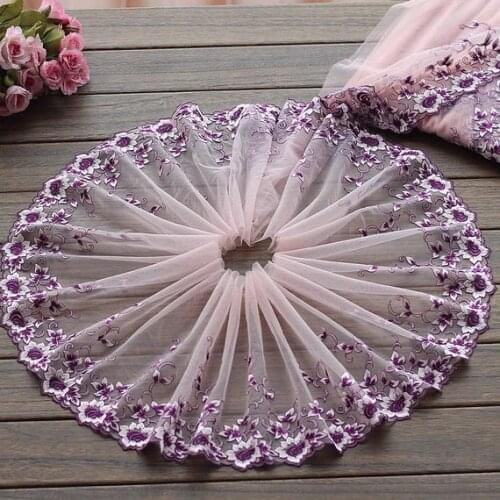 2 Yards Lace Trim Exquisite Purple Flowers Embroidered Pink Tulle Lace 9 Inches Wide High Quality