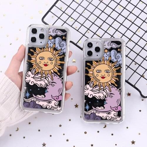 Sun and Moon Case Sparkle Liquid Real Glitter Phone Case Fundas Cover For iPhone 11 12 mini Pro Max 8 7 6 6s Plus Xr XsMax X Xs