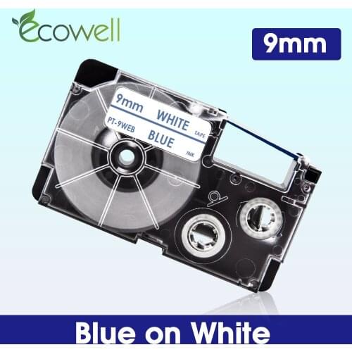 Ecowell 1Pcs 9mm XR-9WEB label tape Blue on White for Casio XR 9WEB XR9WEB printer ribbon for Casio KL-60 KL-100 Label Maker