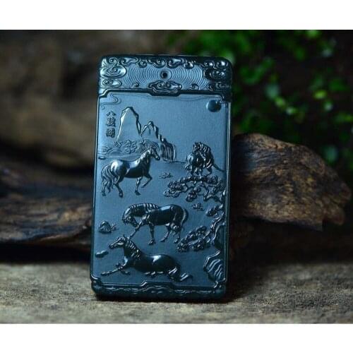 Atural Xinjiang Hetian Jade Green First-class Fine Eight Horses Figure Ma to Success Pendant hp353