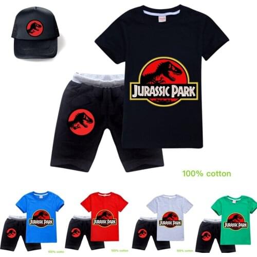 New 2-16Y Kids Girls Boys Dinosaur T-shirt Jurassic Park Cartoon Pullovers Leisure Fashion Children T-shirt+Pants hat Outfits