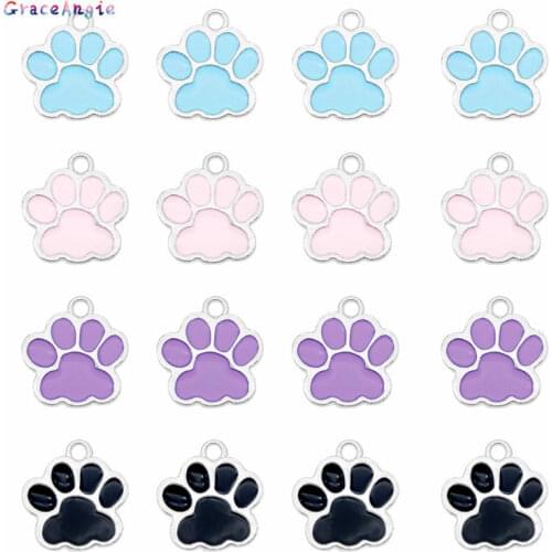GraceAngie 8pcs Alloy Enamel Paw Print Pendant Blue Pink Charms For Bracelet Keychain DIY Findings Jewelry Supplies