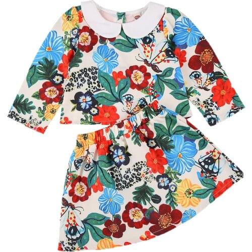 2Pieces Kids Suit autumn casual lovely Set Ruffle Floral Print Round Neck Long Sleeve Tops and Skirts for Baby Girls