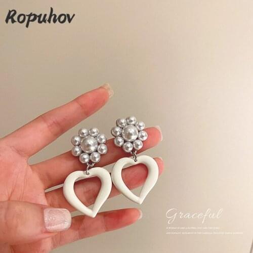 ROPUHOV 2021 New Korean Trendy 925 Silver Pin Japan Korea Sweet Heart White Pearl Flower Love Exaggerated Earrings