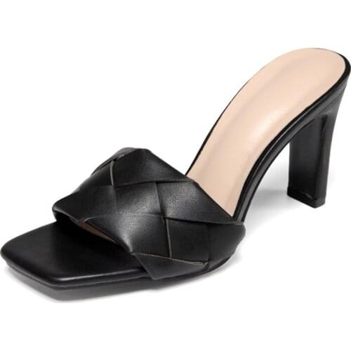 New Summer Women Square Toe Sandals Ladies Pu Leather Plaid Outside Thin High Heels Slippers Female Fashion Woman Shoes