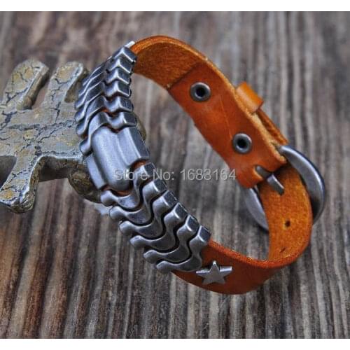 D05 Orange Quality Leather Bracelet Wristband wavy Studs Cuff Unisex&Mens