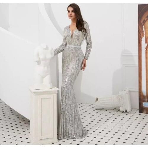Luxury Long Sleeves 2020 Sexy Heavy Beaded Tassel Mermaid Evening Dress V Neckline Prom