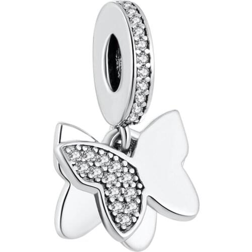 S925 Pendant DIY Jewelry Butterfly Dangle Charm fit Lady Bracelet Bangle Clear CZ
