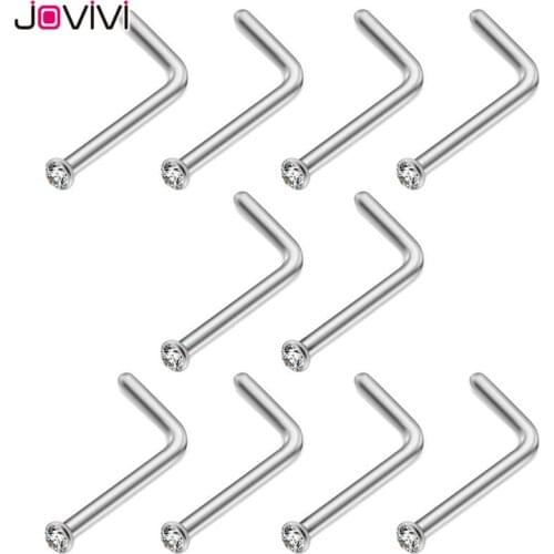 JOVIVI 10pcs Stainless Steel 2mm Rhinestone 20G Nose Ring Studs Bone Nostril Pin L Shape Bar Body Piercings Jewelry 4 Colors