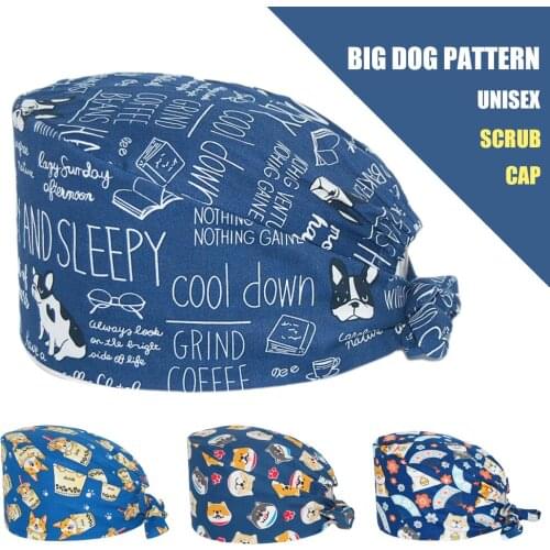 Big Dog Pattern Scrub Cap Nursing Hats Tie Back Working Hat Pure Cotton Adjustable Sweatband Beautician Dust Proof Scrub Caps