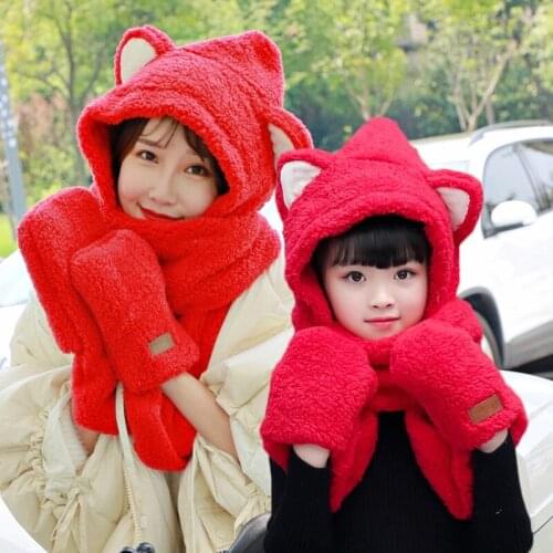 Parent-Child Cute Cartoon Ears Winter 3 In 1 Scarf Hat Gloves Thicken Plush Warm Hoodie Earflap Beanie Cap Snood Wrap