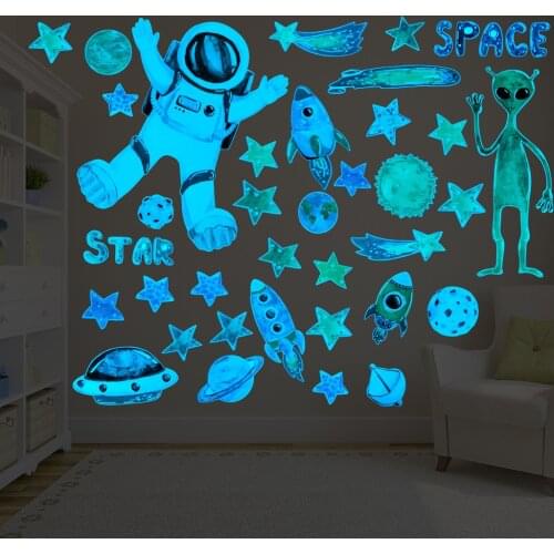 Blue Astronaut Luminous Wall Sticker,Alien Spaceship Luminous Wall Paper,Starry Spaceship Luminous Wall Decor,Living Room Decor