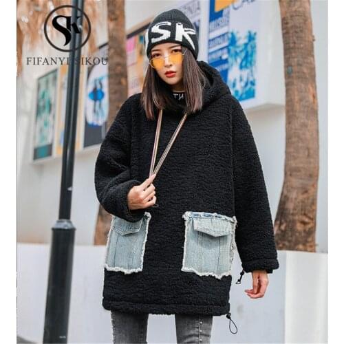 Lambswool Sweatshirt Women Hoodies Denim Splice Loose Long sleeve Pullover Warm Tops Female Fashion Hoodie Sweatshirts Jacket