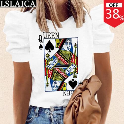 Tops for Women Casual Printed Round Neck Short-sleeved Pullover T-shirt Puff Sleeve Summer Simple Style Slim Women Clothing 2021