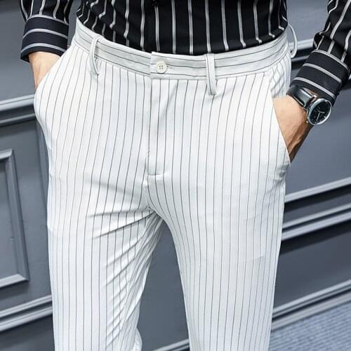 Spring Autumn White Striped Suit Pants Men Flat Office Trousers For Men Dress Pants Formal Regular Fit Male Clothes 2021