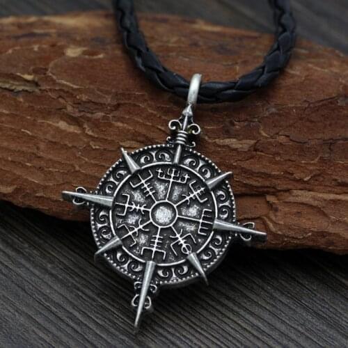 Round Compass Pendant Necklace Mens Viking Necklace Vintage Style Jewelry