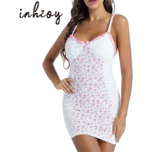Womens Lace Spaghetti Strap Camisole Sleepwear Nightgow V-Neck Floral Print Lace Ruffled Holiday Mini Bodycon Dress