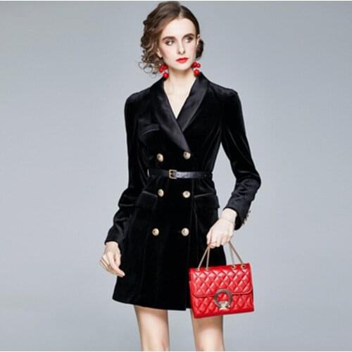 Women Autumn & Winter Elegant Temperament Blazer Coat High Quality Vintage Office Party Robe Femme Designer Velvet Vestidos