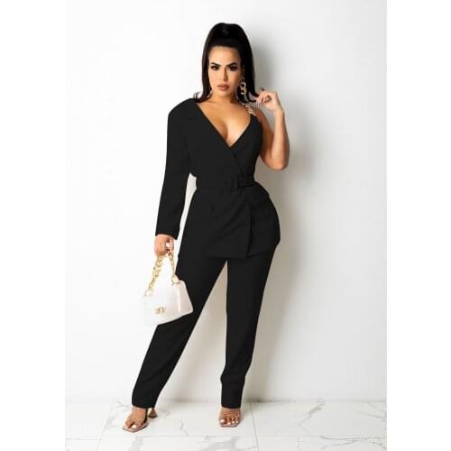 Ladies Suits Pants And Blazer Two Piece Suits Fashion 2021 Chic Chain One-sided Sleeve Jacket 2 Piece Set Women Street Outfits