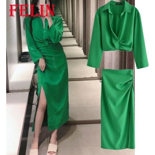 Za 2021 Chic Green Women Sets 2 Pieces Sexy V Neck Mujer Cropped Tops and High Waist Pleated Sheath Midi Skirts Streetwear Suits