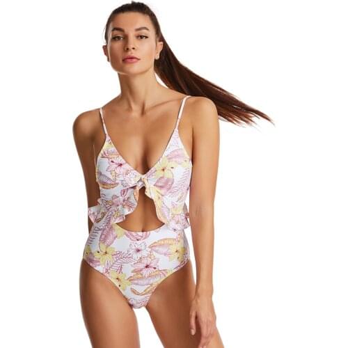 2020 New Sexy White One Piece Swimsuit Women Leaf Print Wearing Rope Ladies One Piece Swimsuit