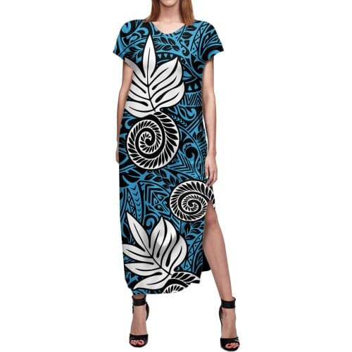 Super Soft Stretch Fabric Female Short-Sleeved Dress Polynesian Tribal Design Red Print Sexy Large Size Women Split Long Dress