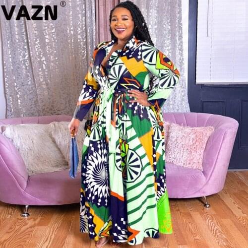 VAZN Hot Plus Size Bohemian Sexy Vintage Lace Up Round Neck Full Sleeve High Waist Women Georgette Fit And Flare Maxi Dress