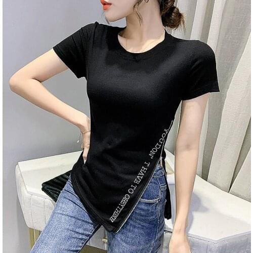 #6039 Black White Grey Irregular T Shirt Women Side Zipper Sexy Streetwear Tshirt Cotton Short Sleeve T Shirt Female Slim Summer