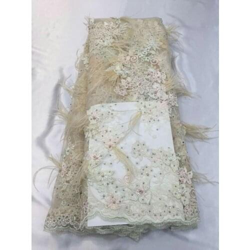 Stock promotion xx002-2 light apricot feather stone beads embroidery french mesh tulle lace for evening dress/fashion design