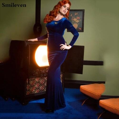 Smileven Blue Velvet Canftan Mermaid Evening Dresses Cheap Cut-Out Sweep Train Prom Gowns Simple Women Party Dresses