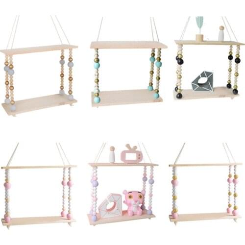 Ins Childrens room decoratioins Childrens room decoration Wall hanging Double layer log beaded rack bookshelf Wooden Home dec