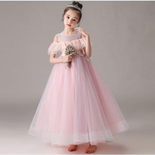 Flower Girl Dresses Illusion Short O-Neck Embroidery Off The Shoulder Pink Lace Tulle Princess Floor-Length Kids Party Gown H335