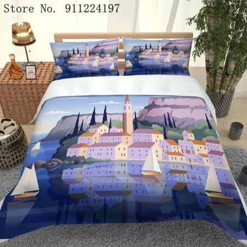 3D Cartoon Scenery Pattern Duvet Cover Microfiber Bed Sheet Comforter Bedding Sets 2/3Pcs Single Double Seaview Room Bed Linen