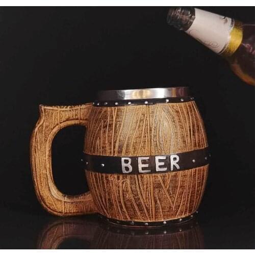 580ml Oak Barrel Style Beer Mug Simulation Wooden Barrel Beer Cup Double Wall Drinking Mug Metal Insulated as Christmas Gift