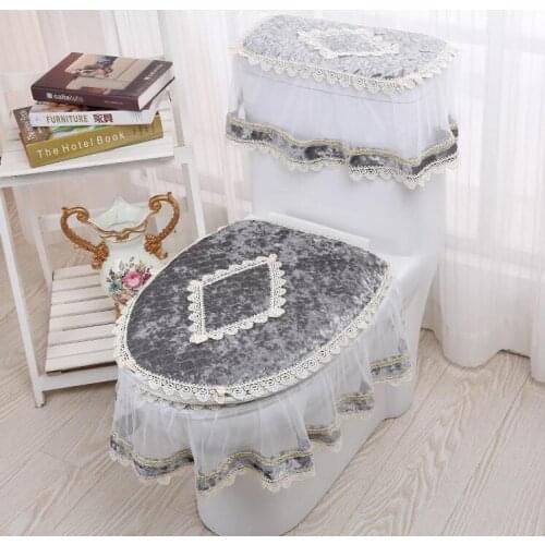 Fyjafon Toilet Seat Cover Lace 3pcs Overcoat Toilet Case Plush Winter Toilet Seat Cover Gray Pink Red Bathroom Toilet Cover
