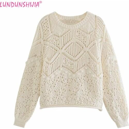 LUNDUNSHIJIA Women White Short Jacquard Knitting Loose Sweaters 2021 New Spring Autumn Ladies Hollow Out Pullovers Top