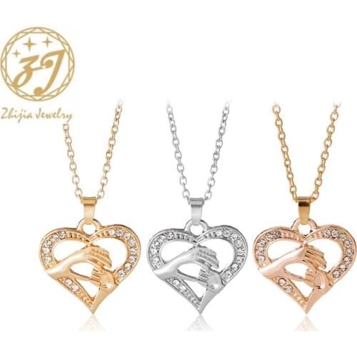 Zhijia Mom Baby hand in hand Necklaces Crystal Pendant Necklace For Women silver rose gold Baby jewelry Mothers Day Gifts