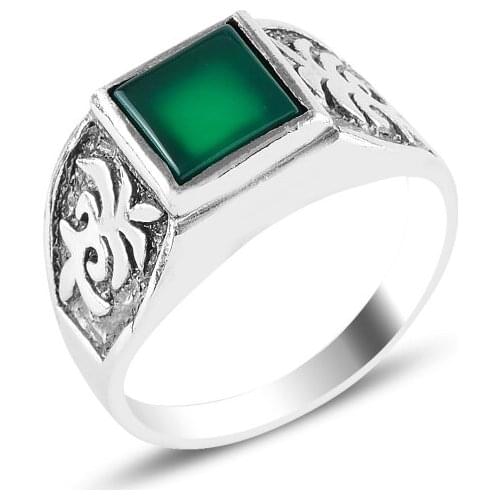 Silver 925 Sterling Palm Green Agate Stone Ring
