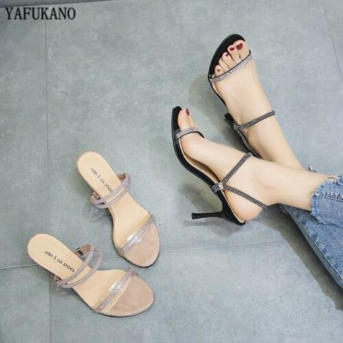 Luxury Rhinestone PVC Womens Sandals Summer Fashion Outdoor Semi Slippers Sexy Thin Heels High Heels Elegant Party Dress Slides