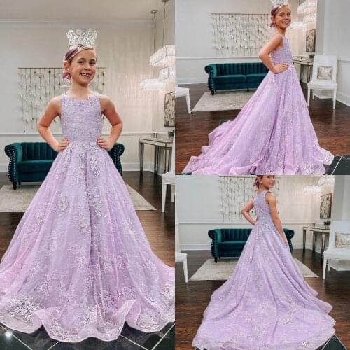 Lilac Lace Flower Girls Dresses For Wedding Appliqued Toddler Pageant Gowns Long A Line First Communion Dress
