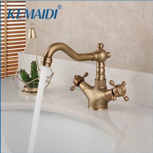 KEMAIDI Antique Brass Faucet Stream Spout Tap Bathroom Basin Sink Faucet Solid Brass Hot & Cold Water Mixer Vanity Sink Tap