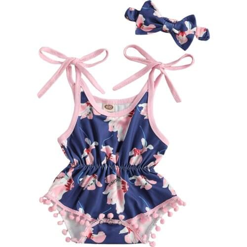 0-12M Newborn Breathable Baby Girls Outfit Summer Fruit/Floral Print Rompers Plush Ball Suspender Jumpsuit Bow Headwear Clothes