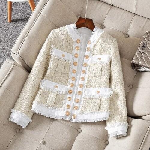 Womens European and American clothing 2021 winter new style Long sleeve exquisite double-breasted buttons Gold tweed coat