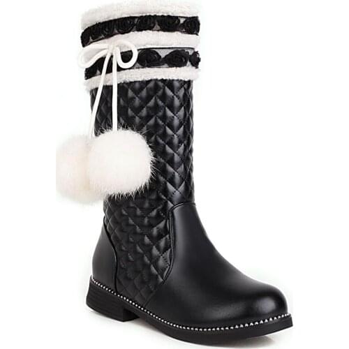 Fur Ball Bow Tie With Checkered Pattern Mid-Calf Boots Side Zipper Thick Heel Pink Womens Boots PU Shoes