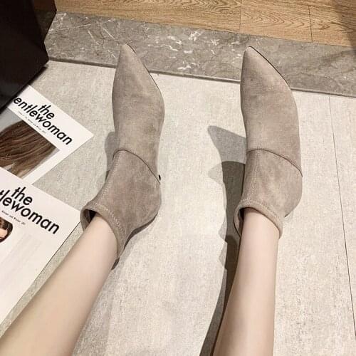 Women Ankle Boots Suede Slip-on Boot 2021 New Fashion Pointed Toe Thin Low Heel Stiletto Soft Purple Black Red Cozy Botas Flock