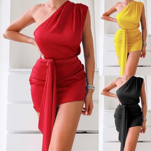 Sexy Sleeveless Mini Dress Women One Shoulder Evening Party Dresses Gown With Ribbon Royal Draped Short Mini Dress Clothing