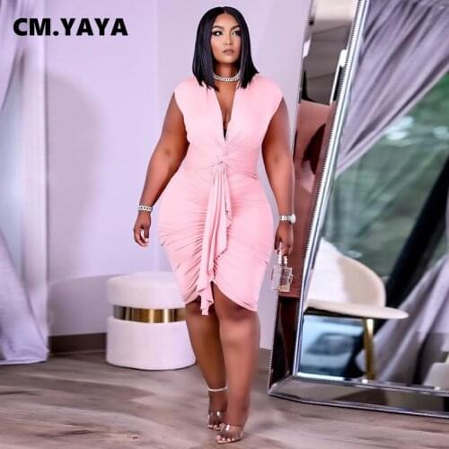 CM.YAYA Women Plus Size Dress Solid Short Sleeve V-neck Bandage Splited Knee Length Dresses Sexy Fashion Vestidos Summer Outfits