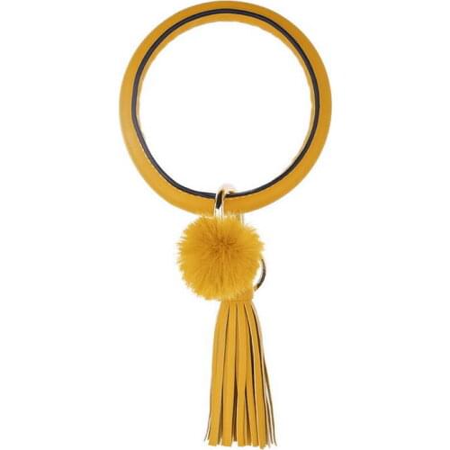 ZWPON High Quantity PU Leather Tassel PomPom O Key Chain Leather Circle Wristlet Keychain Women Girl Key Ring Wrist Strap